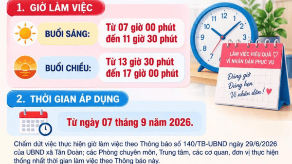 THÔNG BÁO GIỜ LÀM VIỆC CỦA UBND XÃ TÂN ĐOÀN